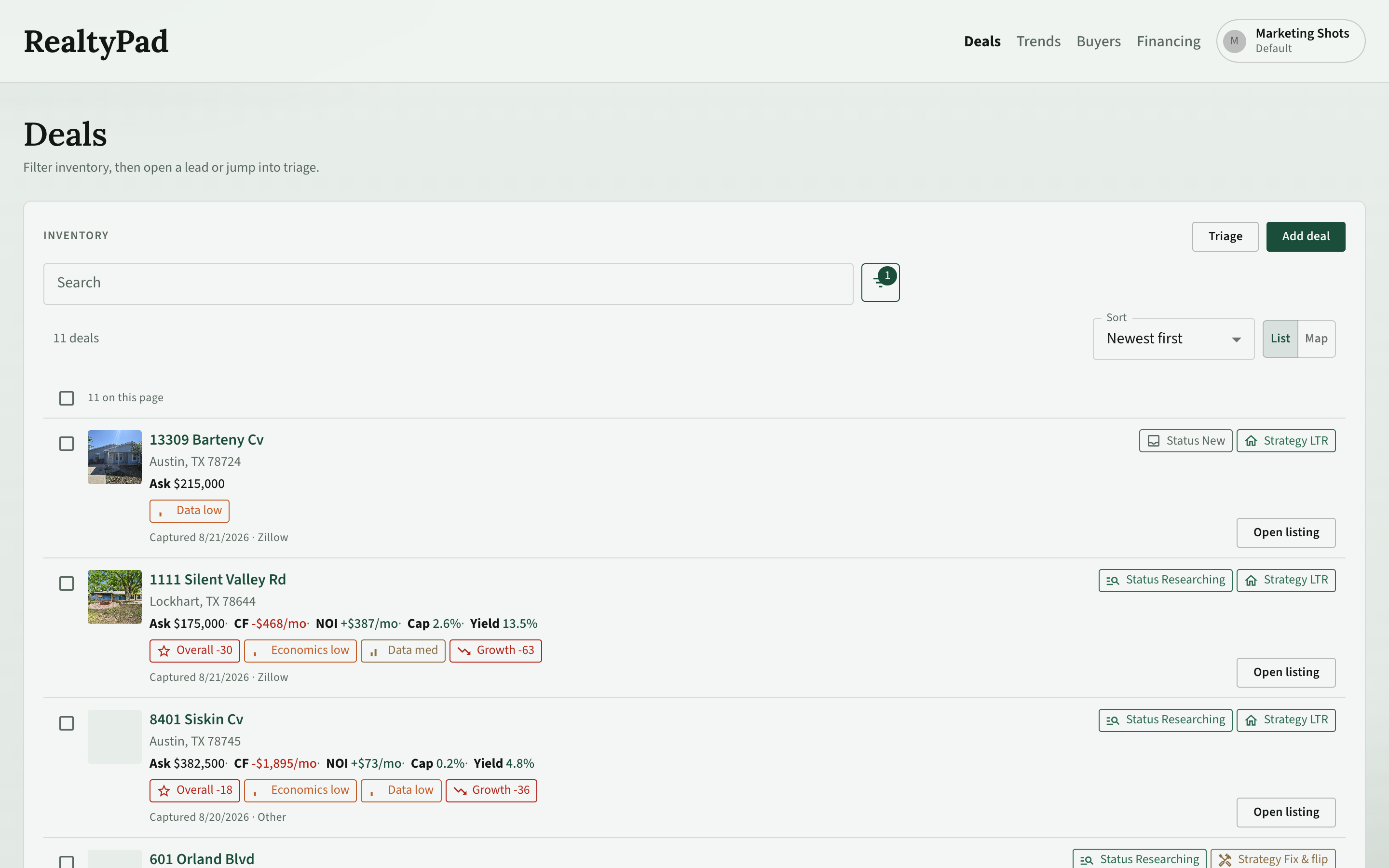 RealtyPad Deals inventory list after listings are ingested