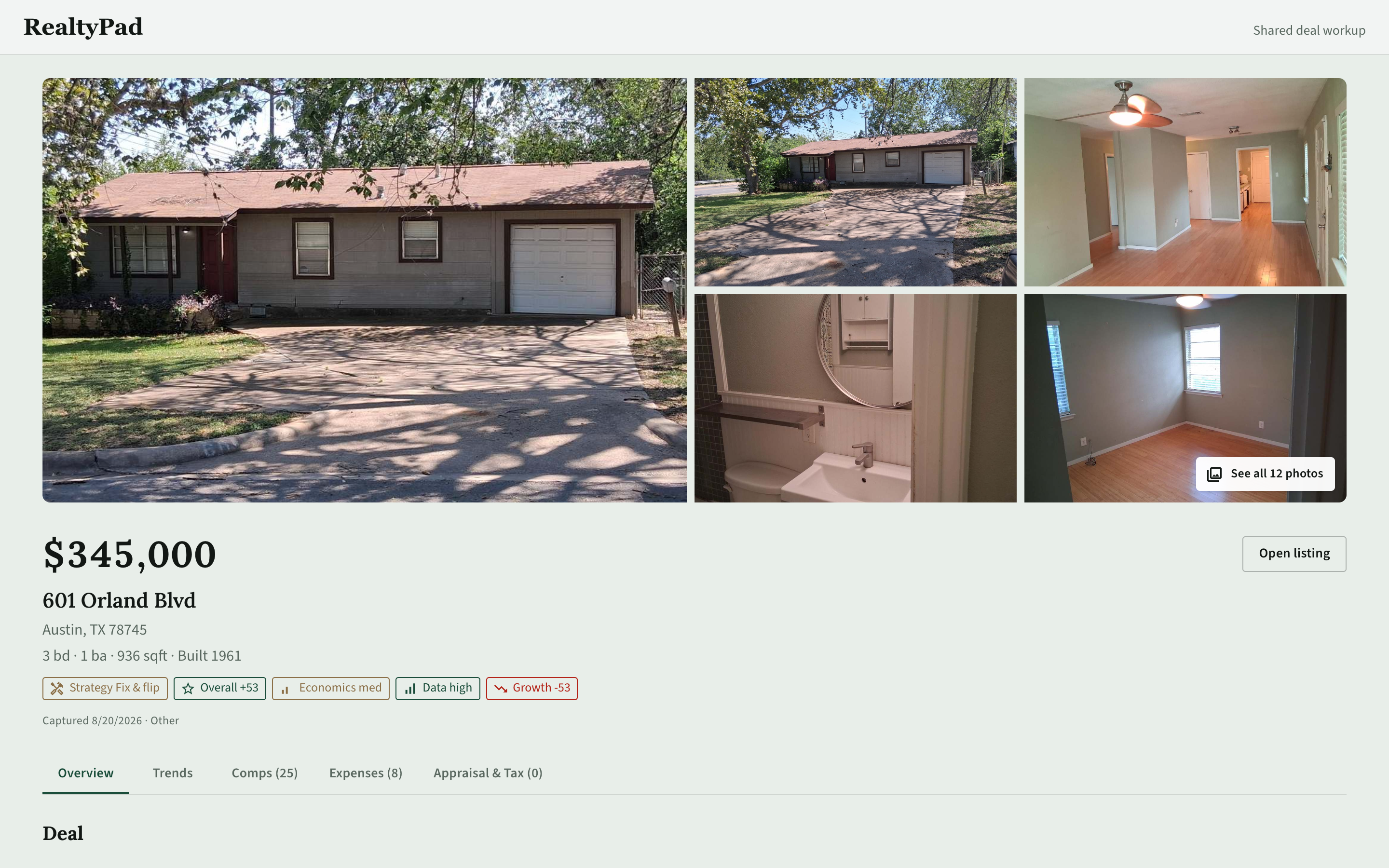 Shared deal workup page for 601 Orland Blvd with scores and photos