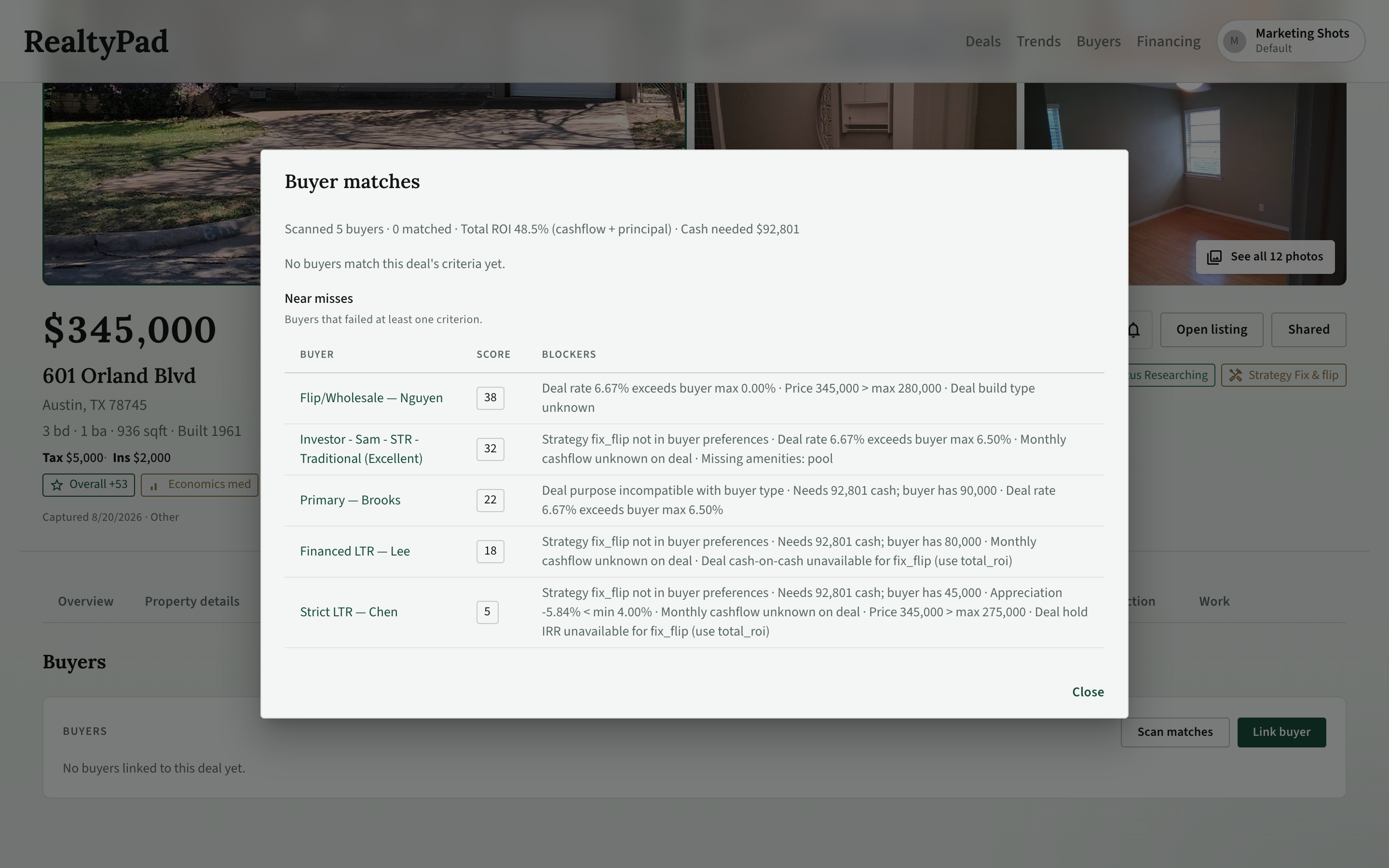 RealtyPad buyer match scan with zero matches and near-miss blockers